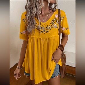Boho V neck floral print shirt sleeve smock blouse